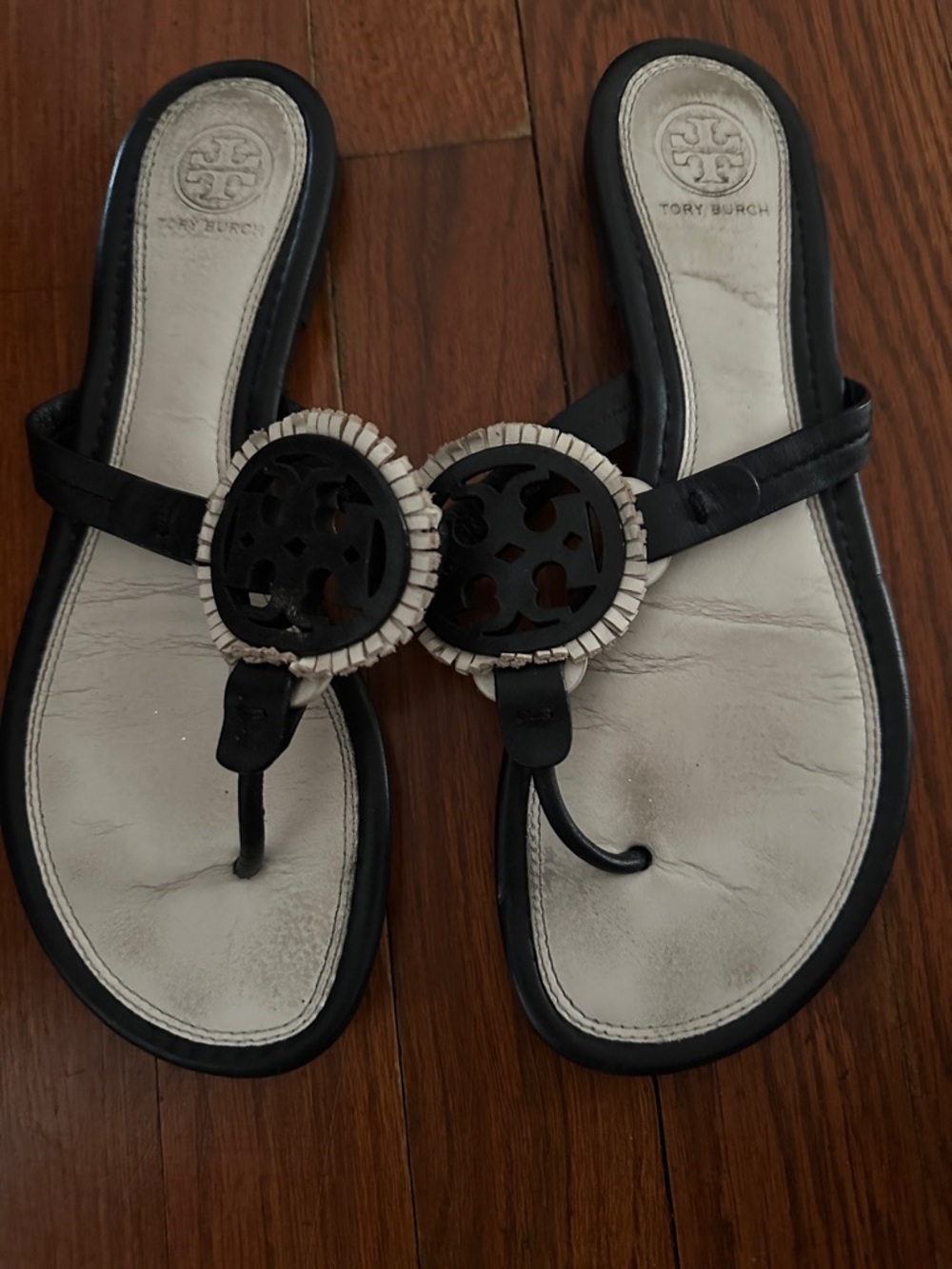 Tory Burch Black and White Miller fringe Thong Sandals 8